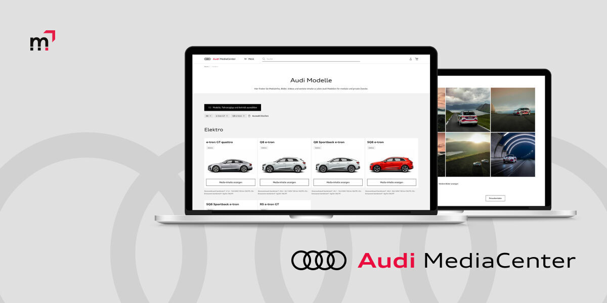 Laptops, welche die Modelle-Seite des Audi MediaCenters zeigen.