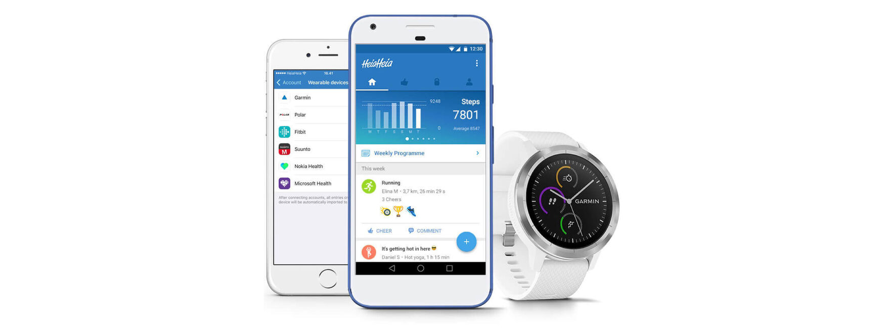 Abbildung von zwei Smartphones die, die Benutzeroberfläche der HeiaHeia-Awendung zeigen und einer Smartwatch.