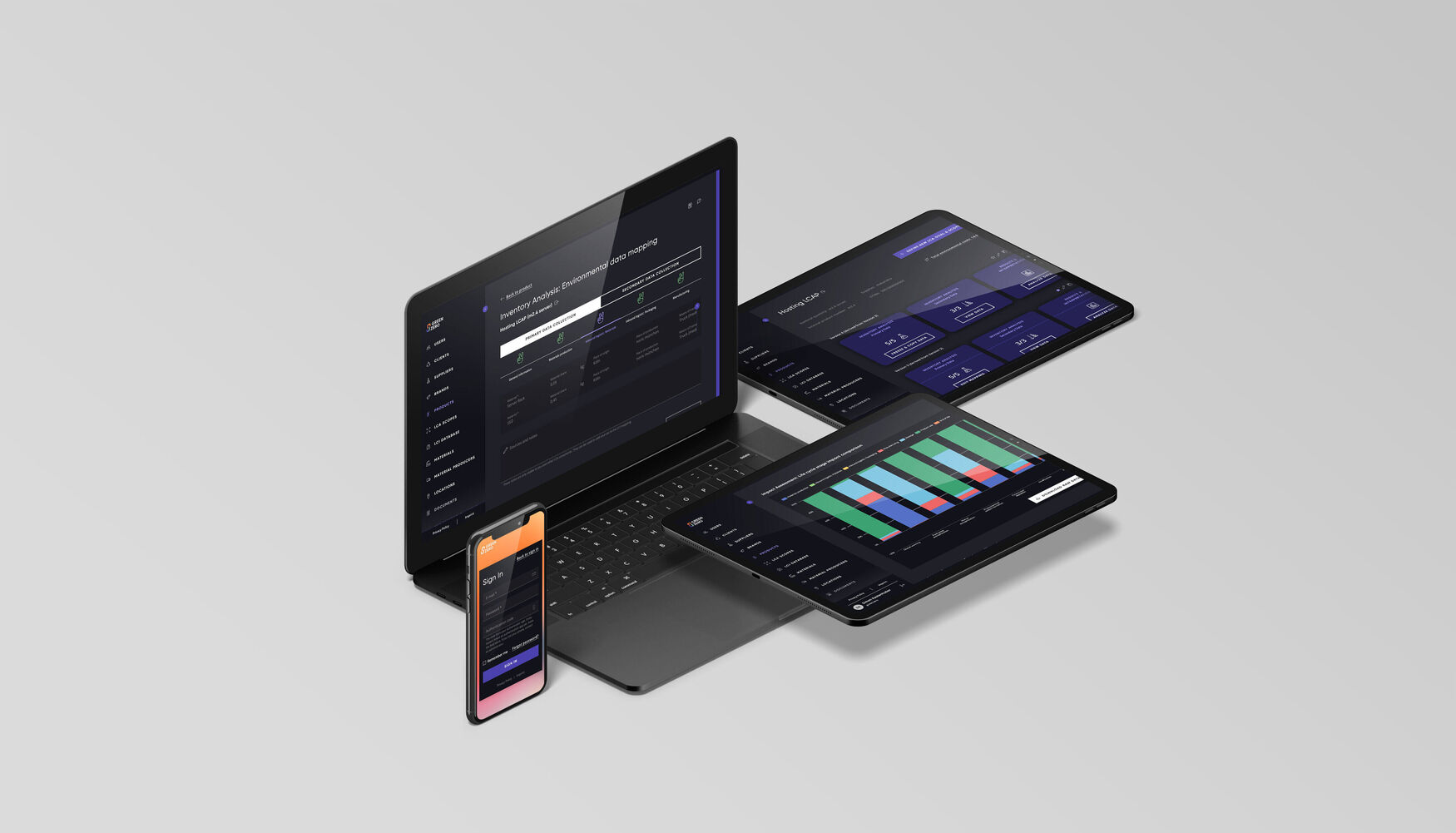 GREENZERO: Bild von Laptop, Handy und zwei Tablets, die Inventory Analysis anzeigt.